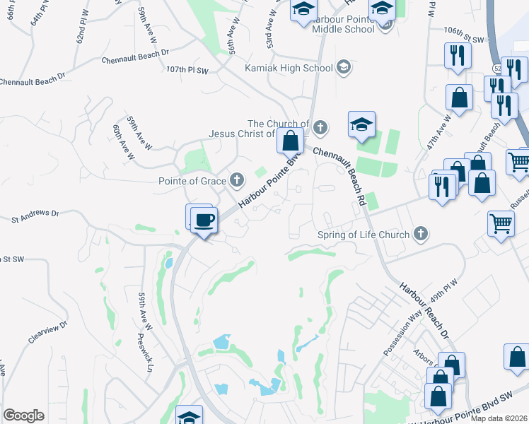 map of restaurants, bars, coffee shops, grocery stores, and more near 5400 Harbour Pointe Boulevard in Mukilteo
