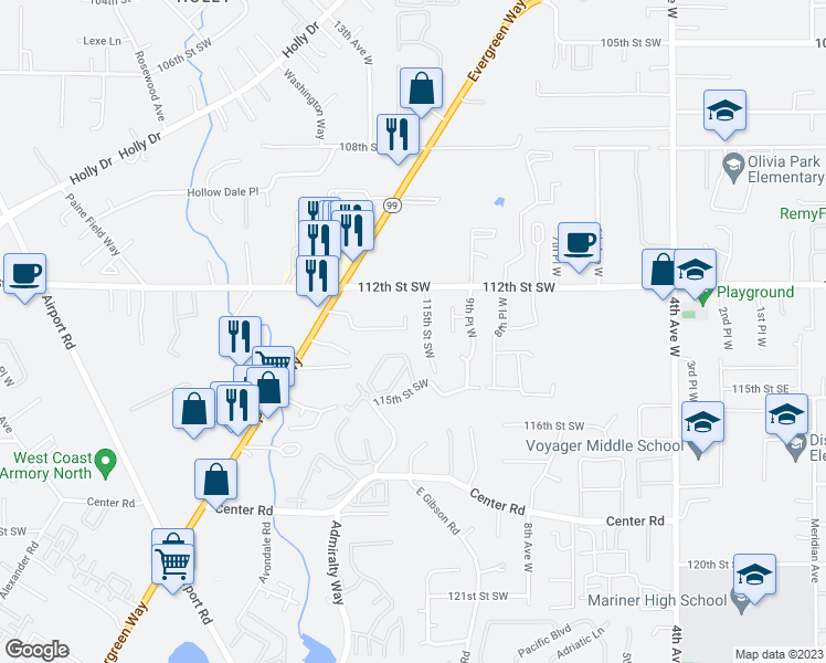 map of restaurants, bars, coffee shops, grocery stores, and more near 1120 113th Street Southwest in Everett