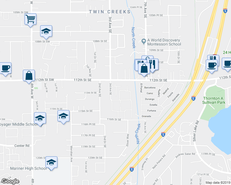 map of restaurants, bars, coffee shops, grocery stores, and more near 11404 3rd Avenue Southeast in Everett