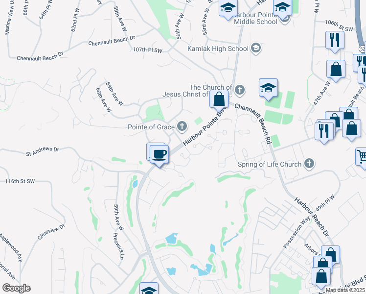 map of restaurants, bars, coffee shops, grocery stores, and more near 5500 Harbour Pointe Boulevard in Mukilteo