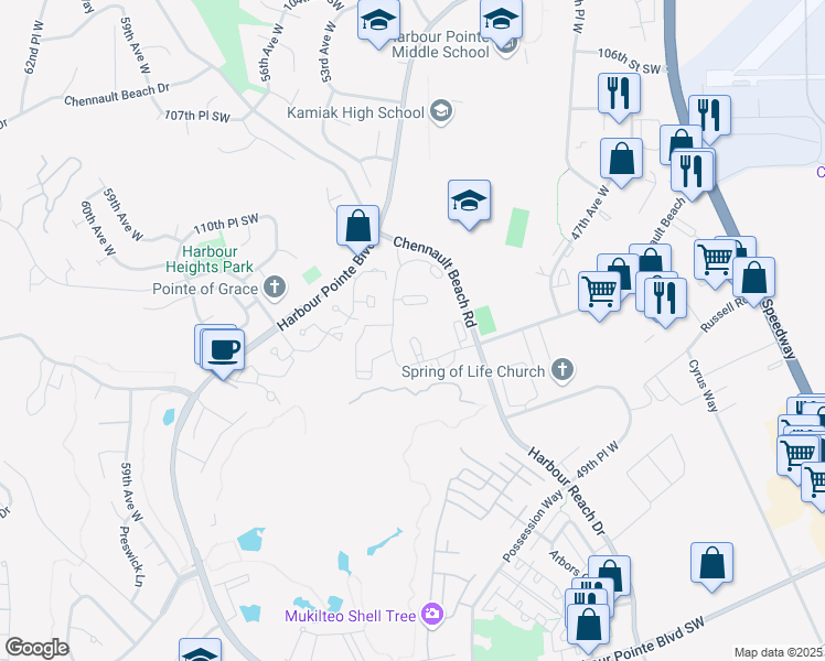 map of restaurants, bars, coffee shops, grocery stores, and more near 11108 Chennault Beach Road in Mukilteo
