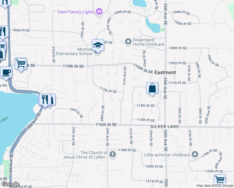 map of restaurants, bars, coffee shops, grocery stores, and more near 3018 112th Place Southeast in Everett