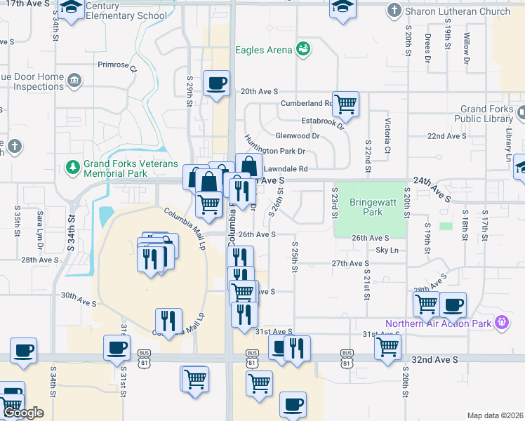 map of restaurants, bars, coffee shops, grocery stores, and more near 2650 26th Avenue South in Grand Forks