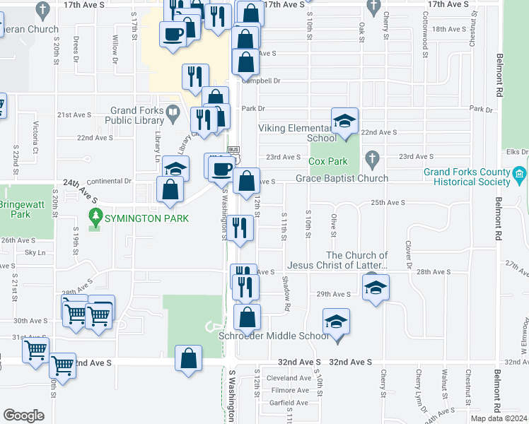 map of restaurants, bars, coffee shops, grocery stores, and more near 1106 26th Avenue South in Grand Forks
