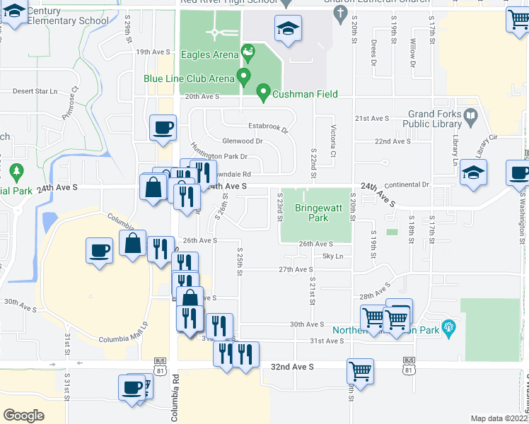 map of restaurants, bars, coffee shops, grocery stores, and more near 24 Parkview Circle in Grand Forks