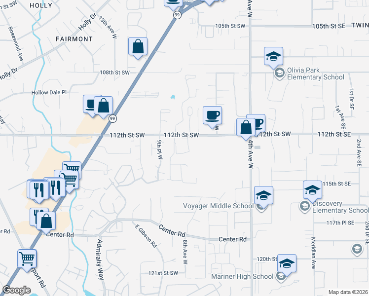 map of restaurants, bars, coffee shops, grocery stores, and more near 730 112th Street Southwest in Everett