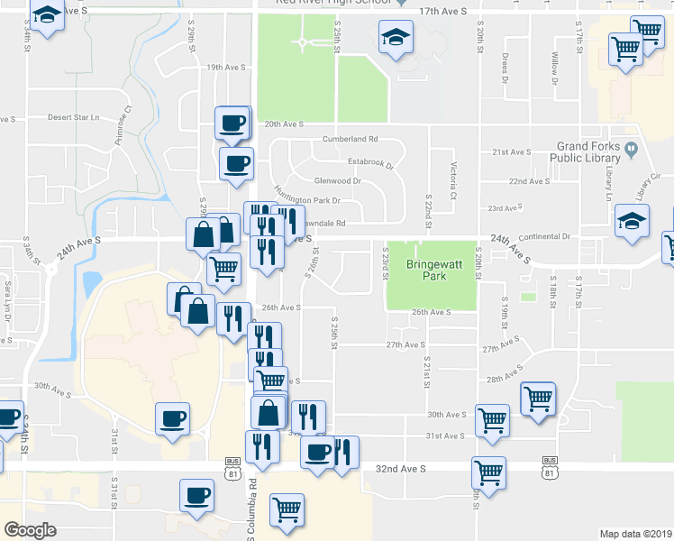 map of restaurants, bars, coffee shops, grocery stores, and more near 168 Parkview Circle in Grand Forks