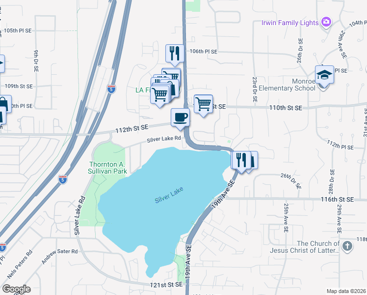 map of restaurants, bars, coffee shops, grocery stores, and more near 1822 Silver Lake Road in Everett