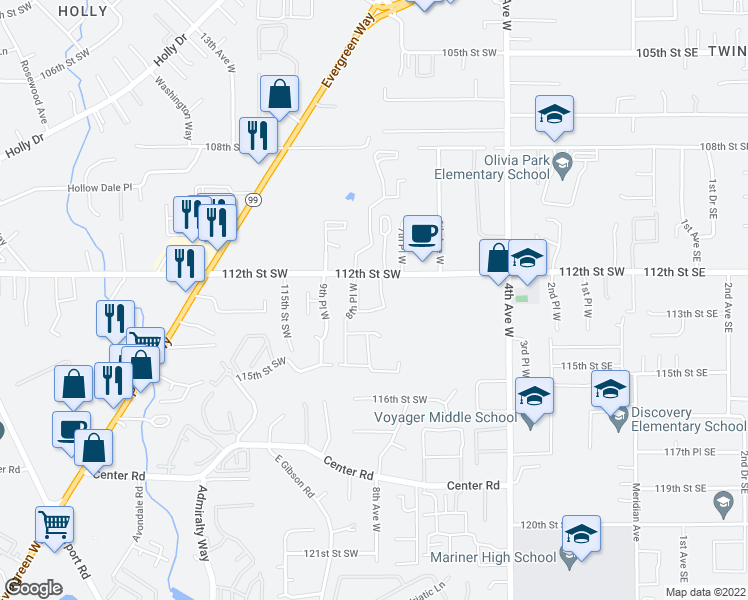 map of restaurants, bars, coffee shops, grocery stores, and more near 727 114th Street Southwest in Everett
