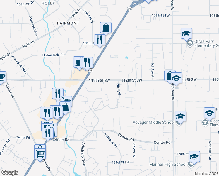 map of restaurants, bars, coffee shops, grocery stores, and more near 1120 113th Street Southwest in Everett