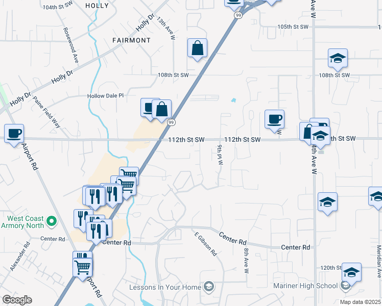 map of restaurants, bars, coffee shops, grocery stores, and more near 1208 113th Street Southwest in Everett