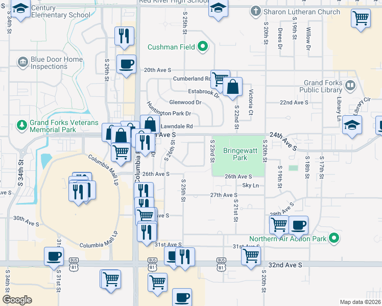 map of restaurants, bars, coffee shops, grocery stores, and more near 64 Parkview Circle in Grand Forks