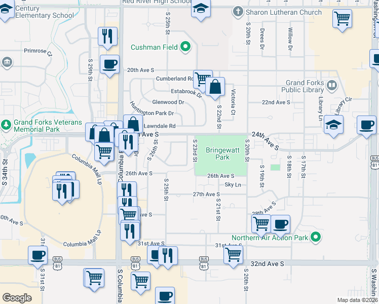 map of restaurants, bars, coffee shops, grocery stores, and more near 2562 South 23rd Street in Grand Forks