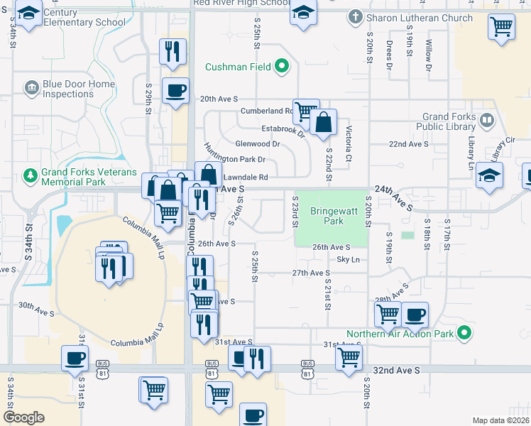 map of restaurants, bars, coffee shops, grocery stores, and more near 64 Parkview Circle in Grand Forks