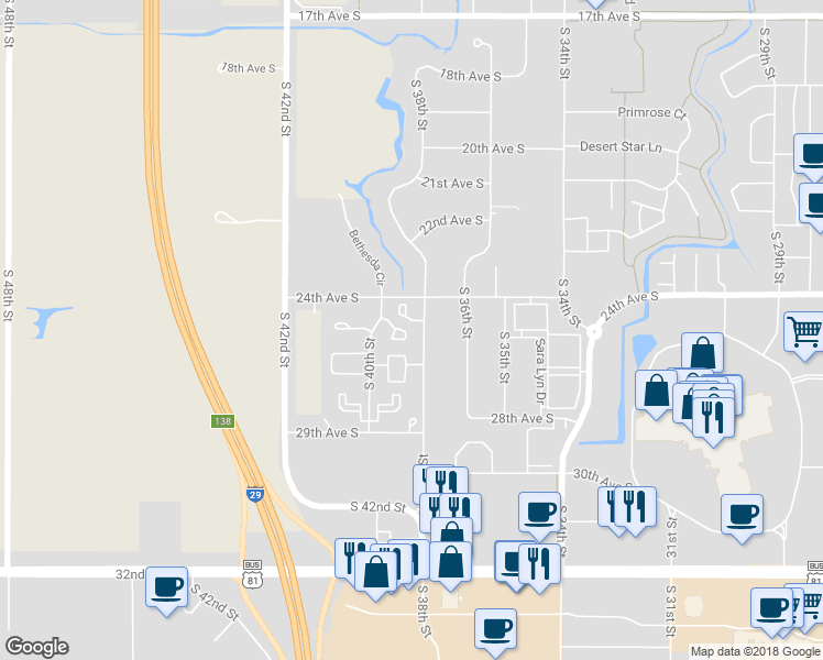 map of restaurants, bars, coffee shops, grocery stores, and more near 2521 South 40th Street in Grand Forks