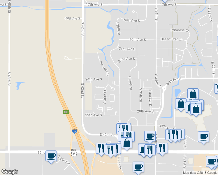 map of restaurants, bars, coffee shops, grocery stores, and more near 2561 South 40th Street in Grand Forks