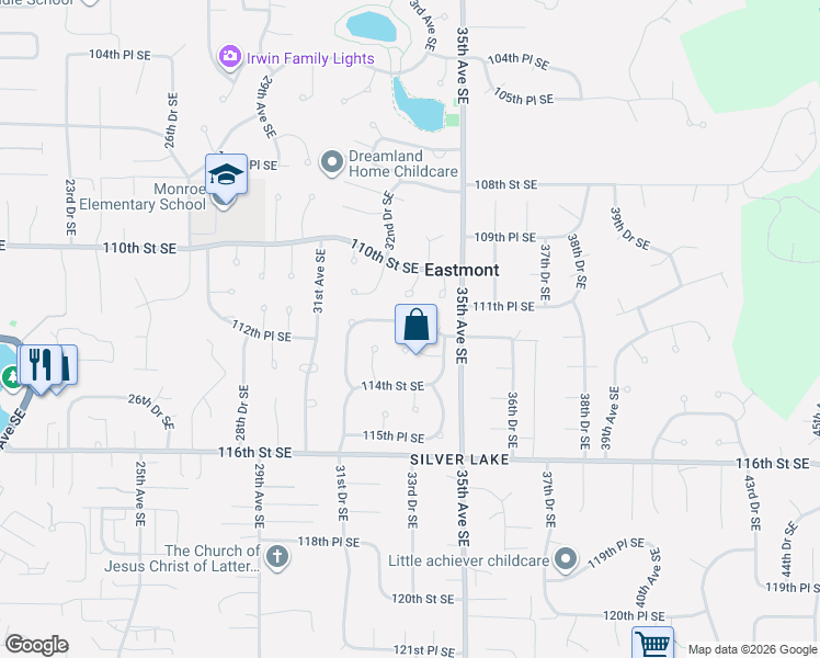 map of restaurants, bars, coffee shops, grocery stores, and more near 11025 33rd Drive Southeast in Everett