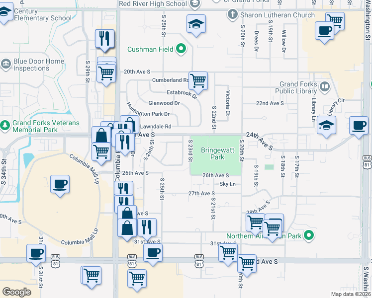 map of restaurants, bars, coffee shops, grocery stores, and more near 81 Parkview Parkview Courtyard in Grand Forks