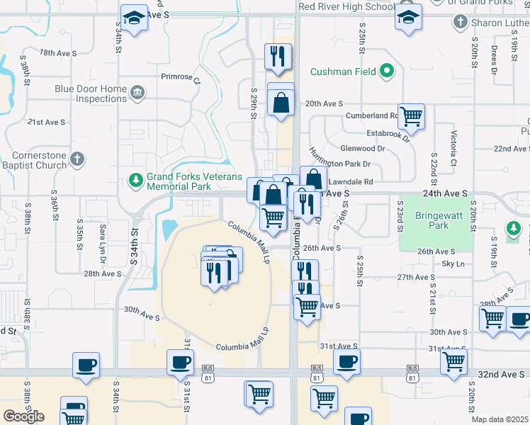 map of restaurants, bars, coffee shops, grocery stores, and more near 2400 South Columbia Road in Grand Forks