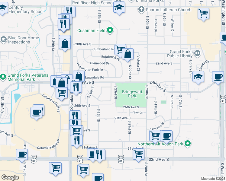 map of restaurants, bars, coffee shops, grocery stores, and more near 81 Parkview Parkview Courtyard in Grand Forks