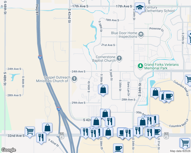 map of restaurants, bars, coffee shops, grocery stores, and more near 2404 South 40th Street in Grand Forks