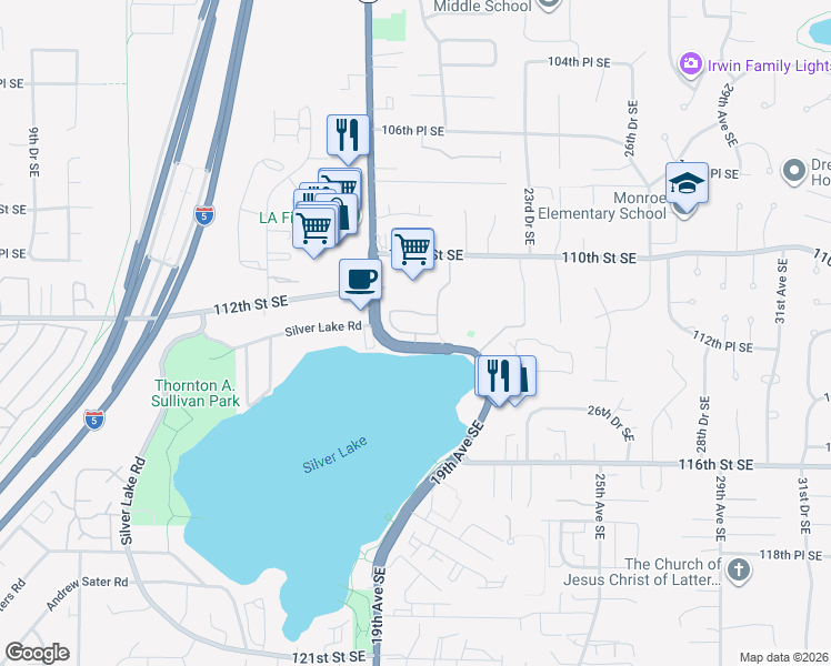 map of restaurants, bars, coffee shops, grocery stores, and more near 11218 19th Drive Southeast in Everett