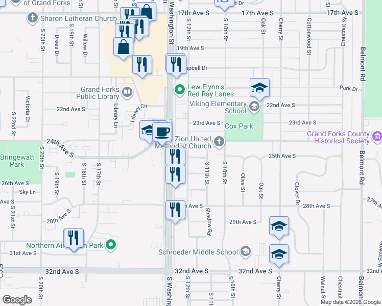 map of restaurants, bars, coffee shops, grocery stores, and more near 2401 S Washington St in Grand Forks