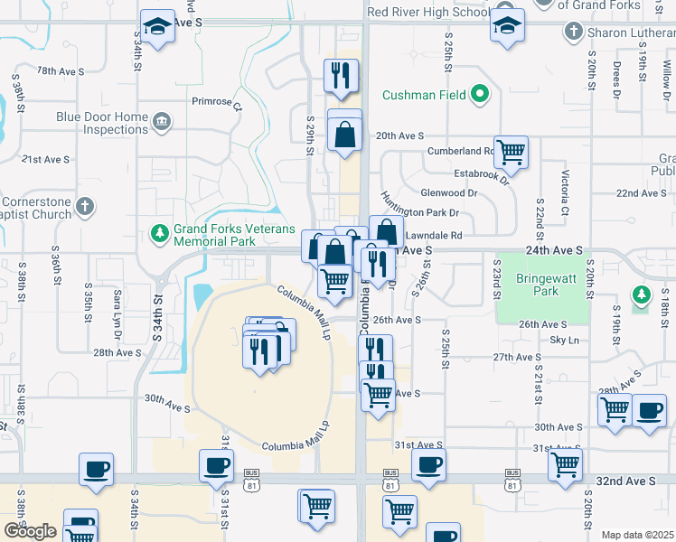 map of restaurants, bars, coffee shops, grocery stores, and more near 2400 South Columbia Road in Grand Forks