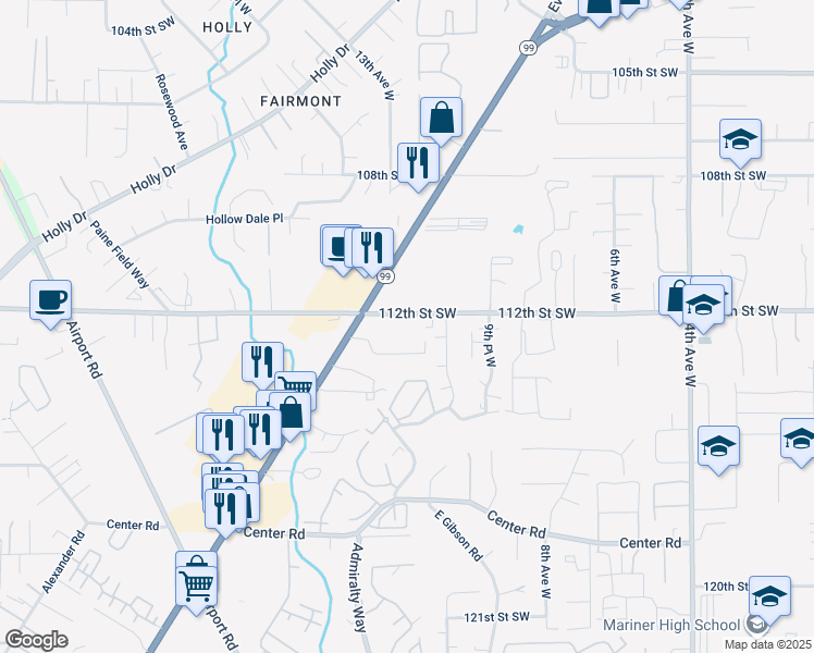 map of restaurants, bars, coffee shops, grocery stores, and more near 1204 112th Street Southwest in Everett
