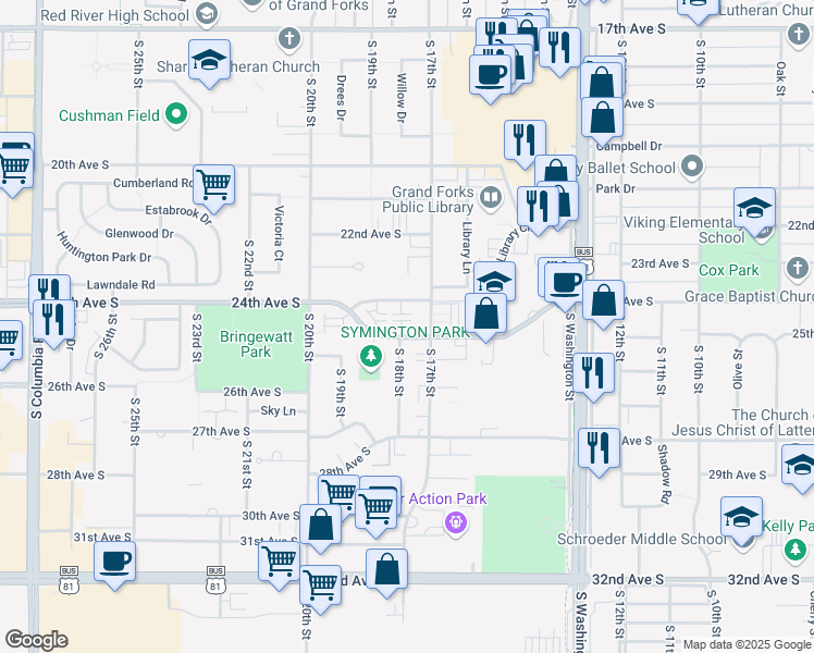 map of restaurants, bars, coffee shops, grocery stores, and more near 1707 Continental Drive in Grand Forks