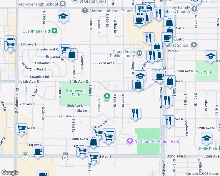 map of restaurants, bars, coffee shops, grocery stores, and more near 1811 Continental Drive in Grand Forks