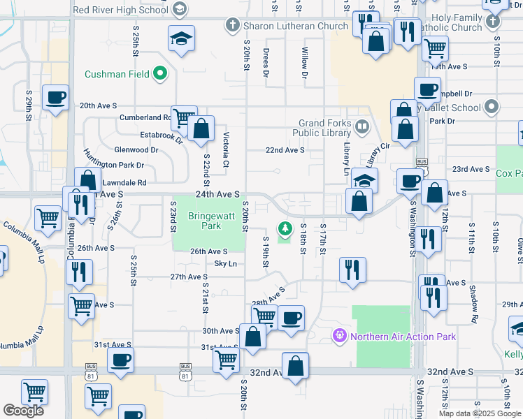 map of restaurants, bars, coffee shops, grocery stores, and more near 1928 24th Avenue South in Grand Forks