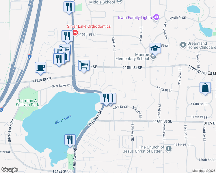 map of restaurants, bars, coffee shops, grocery stores, and more near 2214 112th Place Southeast in Everett