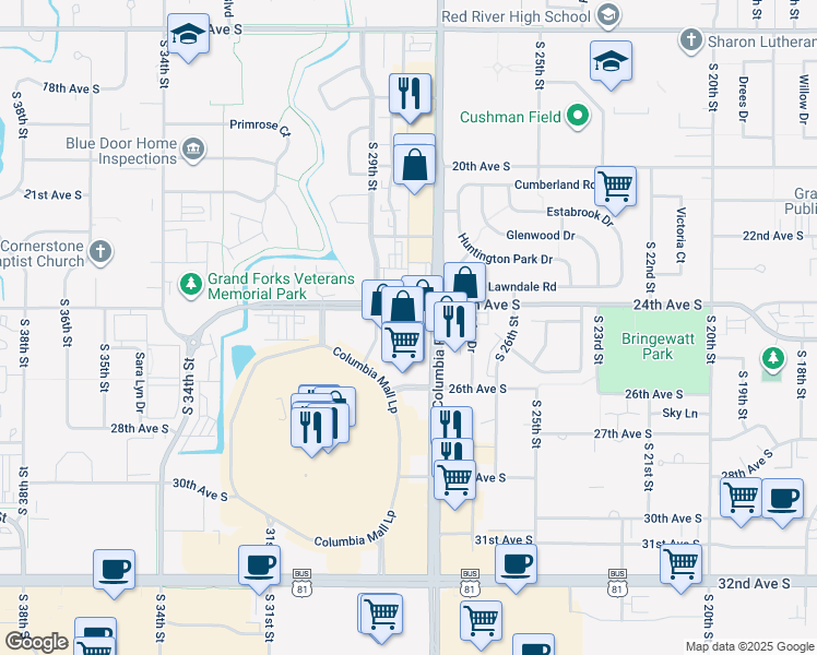 map of restaurants, bars, coffee shops, grocery stores, and more near 2400 South Columbia Road in Grand Forks