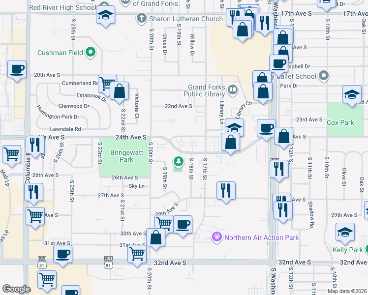 map of restaurants, bars, coffee shops, grocery stores, and more near 1811 Continental Drive in Grand Forks