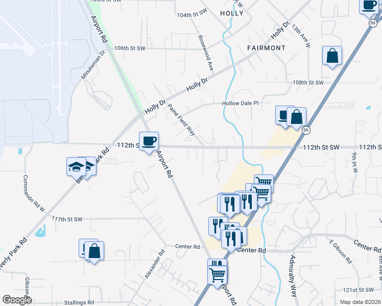 map of restaurants, bars, coffee shops, grocery stores, and more near 11134 Paine Field Way in Everett