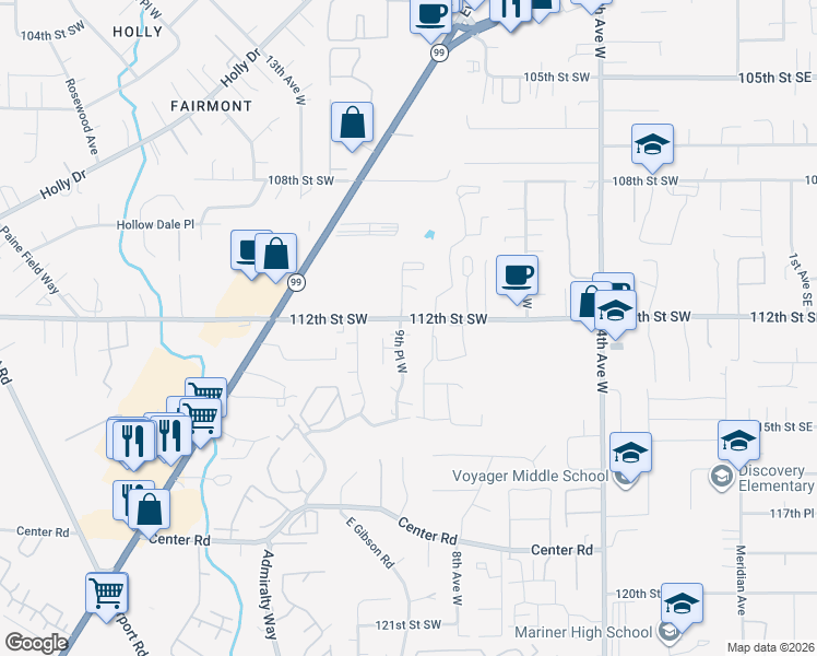 map of restaurants, bars, coffee shops, grocery stores, and more near 11207 9th Place West in Everett