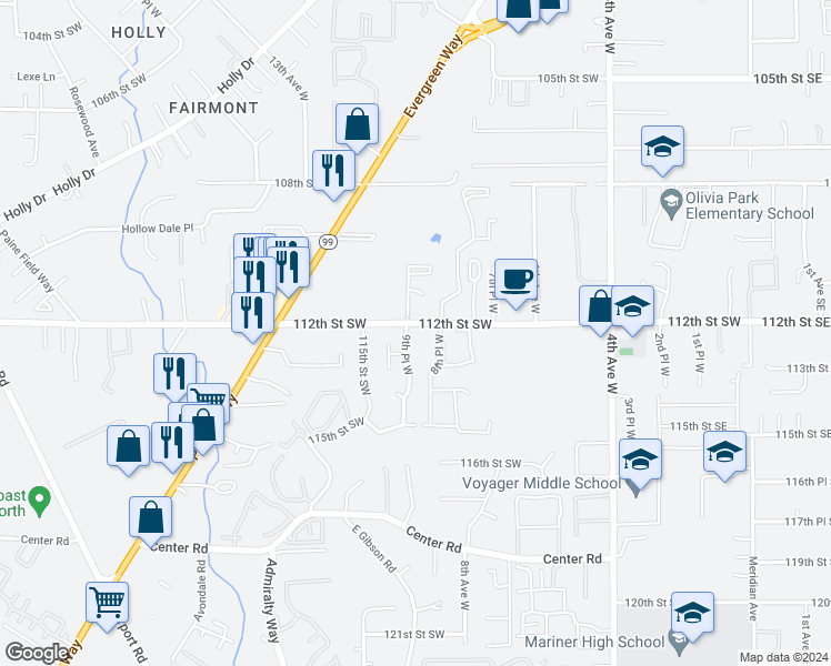 map of restaurants, bars, coffee shops, grocery stores, and more near 11208 9th Place West in Everett
