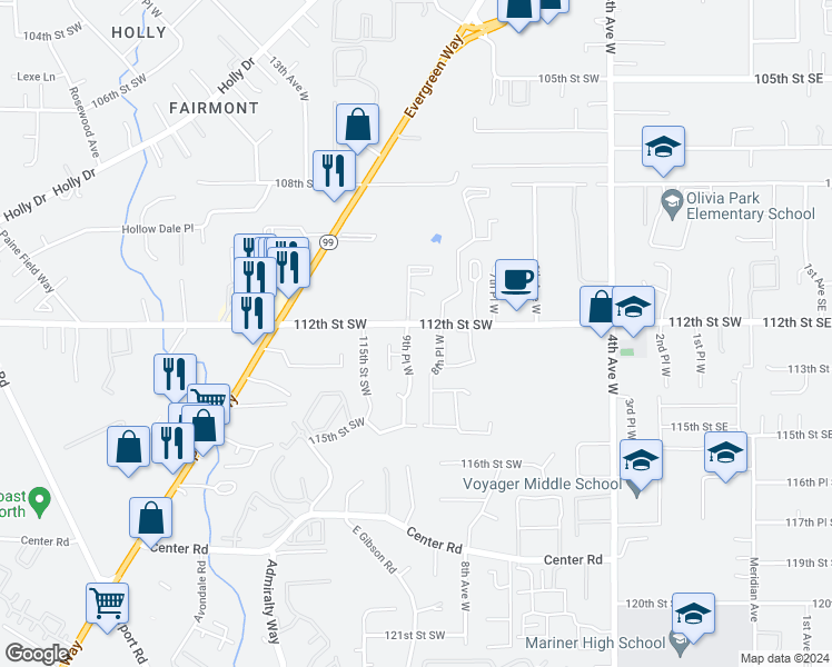 map of restaurants, bars, coffee shops, grocery stores, and more near 11207 9th Place West in Everett