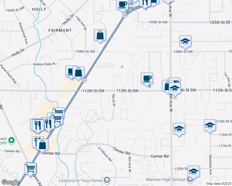 map of restaurants, bars, coffee shops, grocery stores, and more near 11208 9th Place West in Everett
