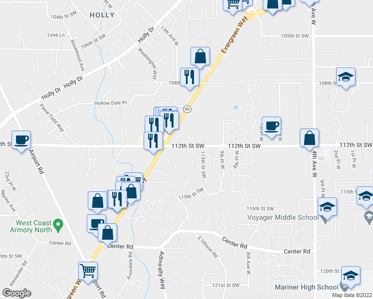 map of restaurants, bars, coffee shops, grocery stores, and more near 1204 112th Street Southwest in Everett