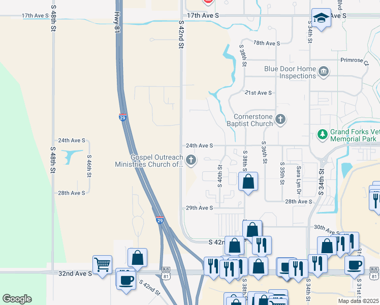 map of restaurants, bars, coffee shops, grocery stores, and more near 2463 South 42nd Street in Grand Forks