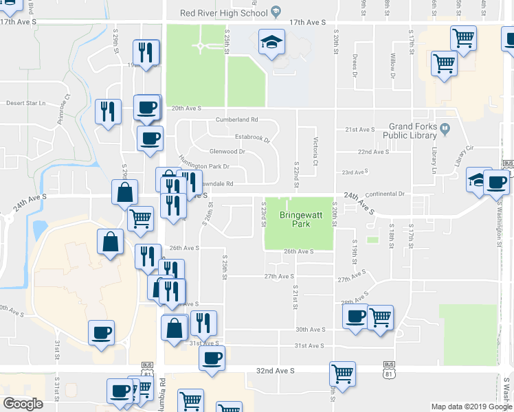 map of restaurants, bars, coffee shops, grocery stores, and more near 2432 South 23rd Street in Grand Forks