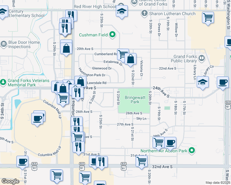 map of restaurants, bars, coffee shops, grocery stores, and more near 81 Parkview Parkview Courtyard in Grand Forks