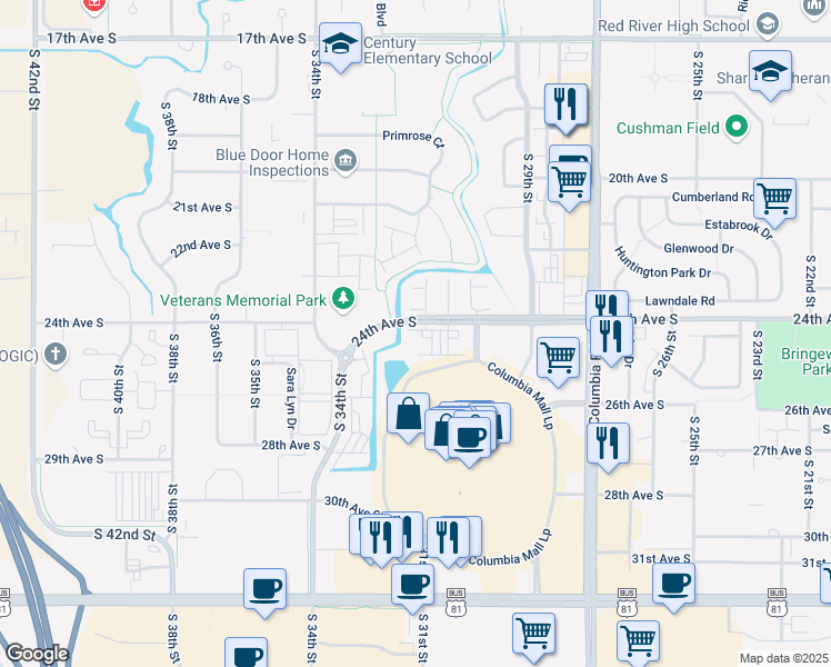 map of restaurants, bars, coffee shops, grocery stores, and more near 3233 24th Avenue South in Grand Forks