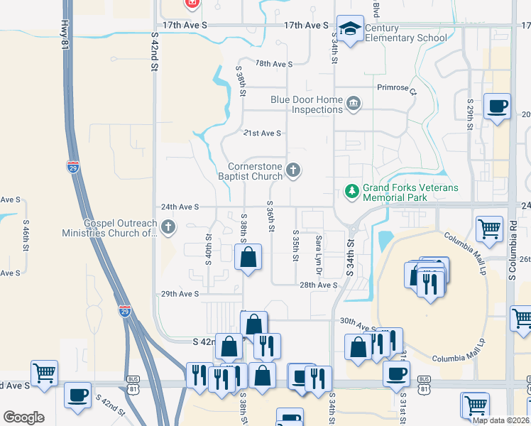 map of restaurants, bars, coffee shops, grocery stores, and more near 2402 S 36th St in Grand Forks