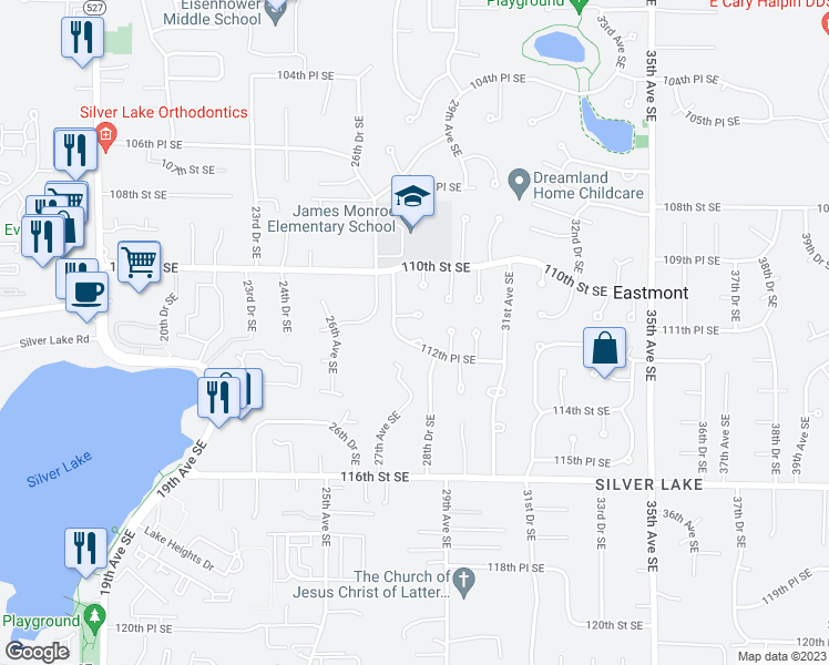 map of restaurants, bars, coffee shops, grocery stores, and more near 2803 112th Place Southeast in Everett