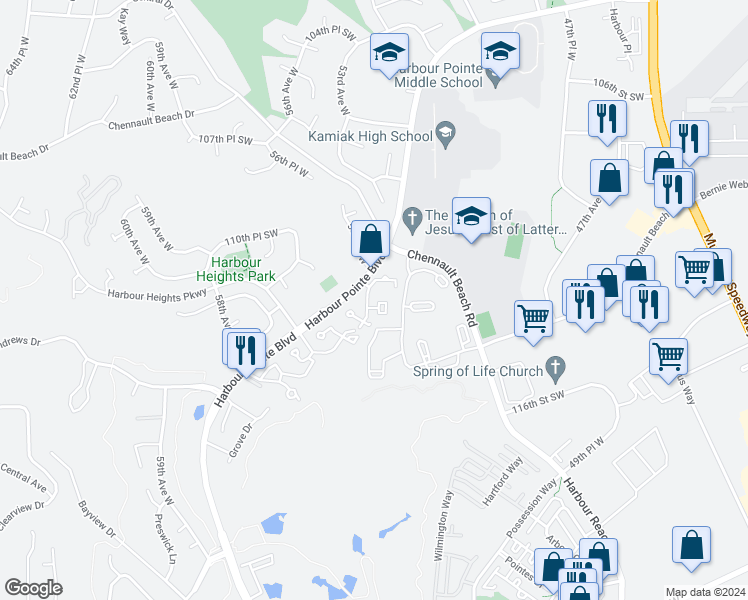 map of restaurants, bars, coffee shops, grocery stores, and more near 5306 Harbour Pointe Boulevard in Mukilteo