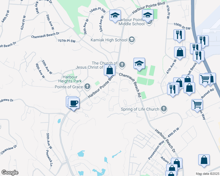 map of restaurants, bars, coffee shops, grocery stores, and more near 5306 Harbour Pointe Boulevard in Mukilteo