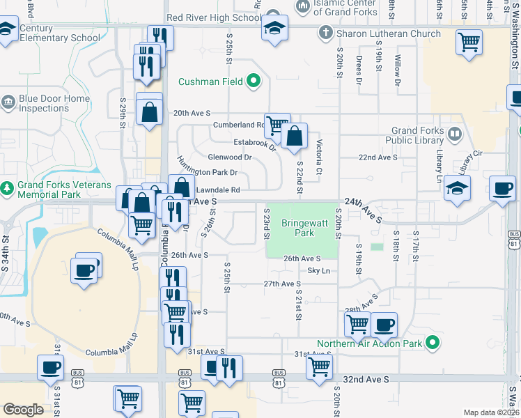 map of restaurants, bars, coffee shops, grocery stores, and more near 81 Parkview Parkview Courtyard in Grand Forks